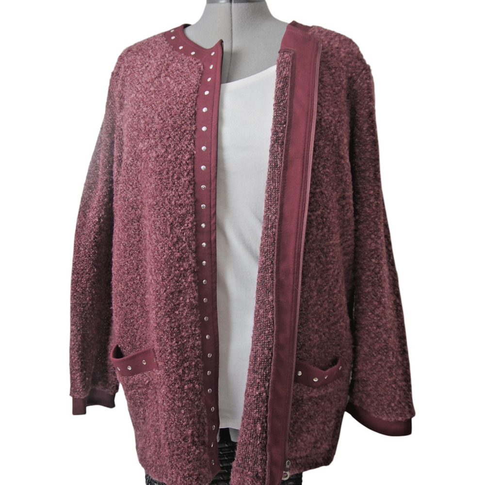 Cathy Daniels Burgundy Boucle Full Zip Cardigan Sweater Studded Plus 2X - Picture 8 of 12